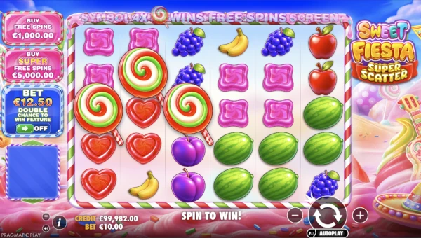 Sweet Fiesta Super Scatter base game screenshot showing reels and features