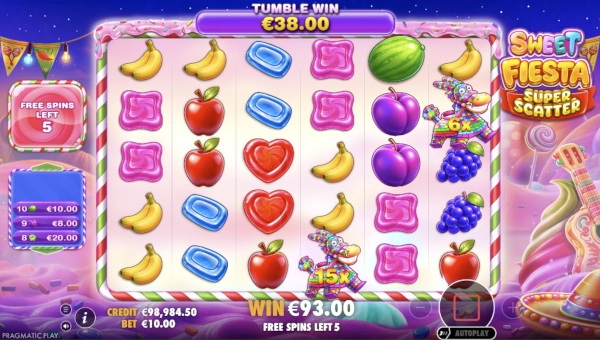 Screenshot of Sweet Fiesta Super Scatter slot demo showing reels and bonus game features