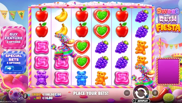 Sweet Rush Fiesta base game screenshot showing reels and features