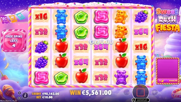 Screenshot of Sweet Rush Fiesta slot demo showing reels and bonus game features