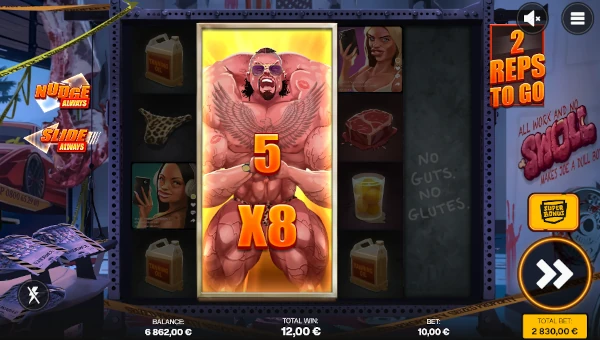 Screenshot of Swoll slot demo showing reels and bonus game features