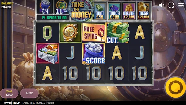 Take The Money base game screenshot showing reels and features