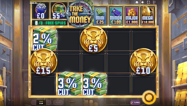 Screenshot of Take The Money slot demo showing reels and bonus game features