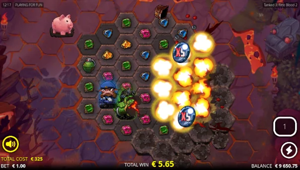 Screenshot of Tanked 3 First Blood 2 slot demo showing reels and bonus game features