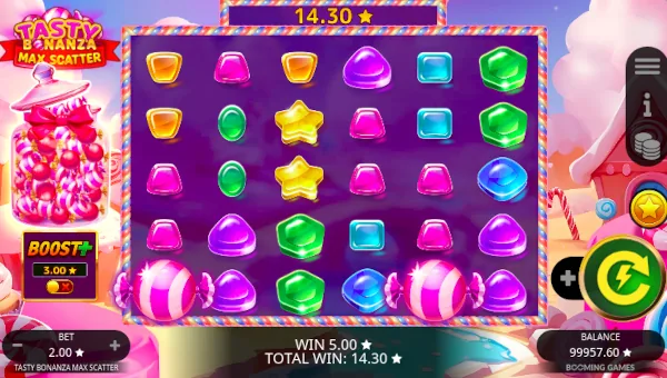 Tasty Bonanza Max Scatter base game screenshot showing reels and features