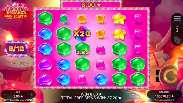 Screenshot of Tasty Bonanza Max Scatter slot demo showing reels and bonus game features