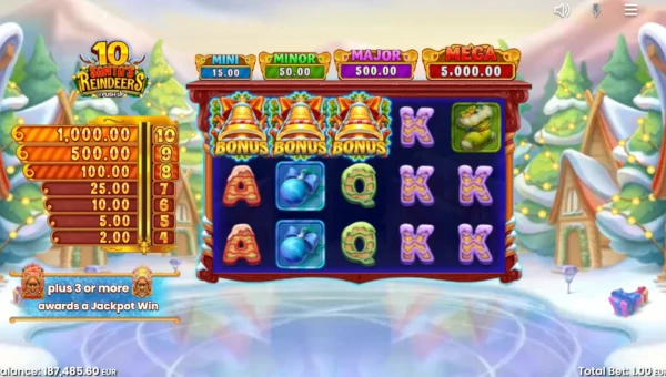10 Santas Reindeers base game screenshot showing reels and features