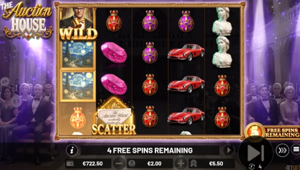 Screenshot of The Auction House slot demo showing reels and bonus game features