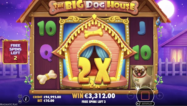 Screenshot of The Big Dog House slot demo showing reels and bonus game features