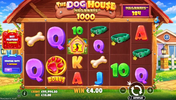 The Dog House Megaways 1000 base game screenshot showing reels and features