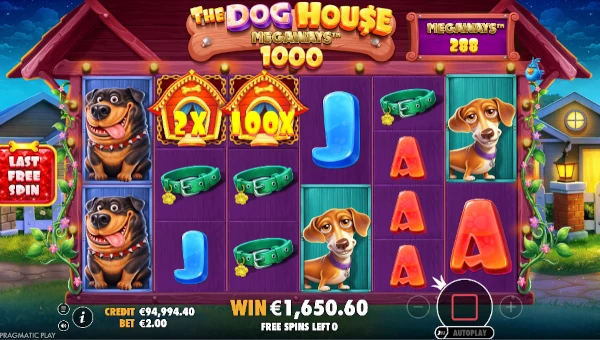 Screenshot of The Dog House Megaways 1000 slot demo showing reels and bonus game features