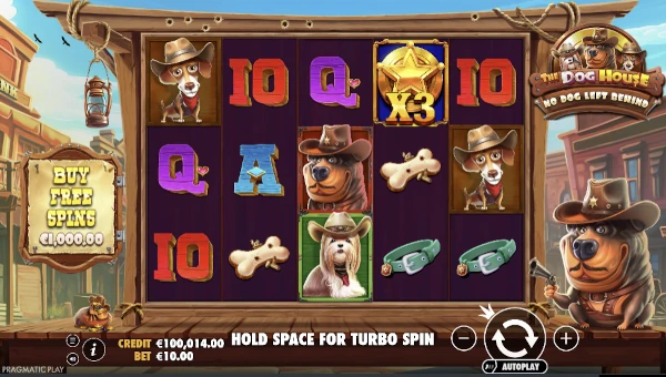 The Dog House No Dog Left Behind base game screenshot showing reels and features