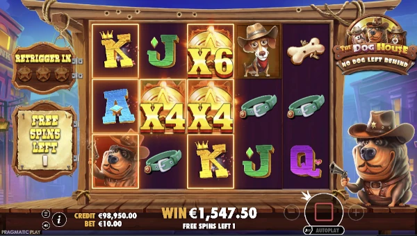 Screenshot of The Dog House No Dog Left Behind slot demo showing reels and bonus game features