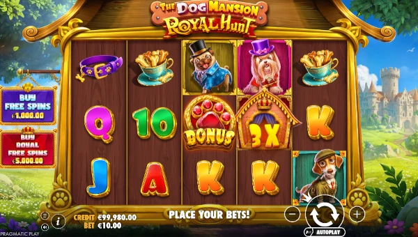 The Dog Mansion Royal Hunt base game screenshot showing reels and features