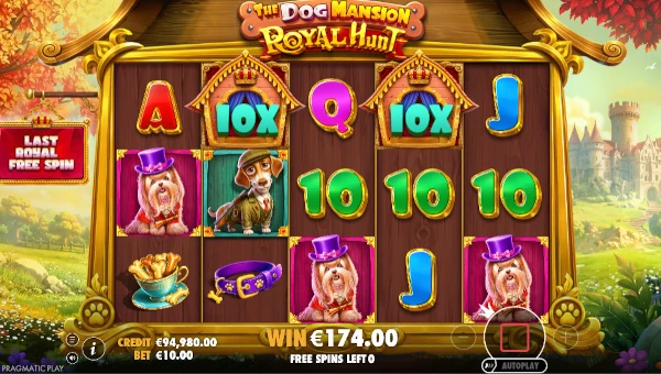 Screenshot of The Dog Mansion Royal Hunt slot demo showing reels and bonus game features