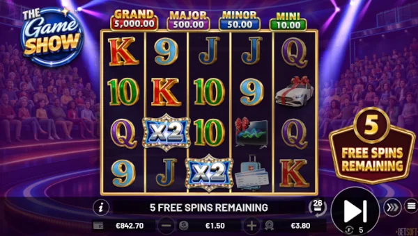 Screenshot of The Game Show slot demo showing reels and bonus game features