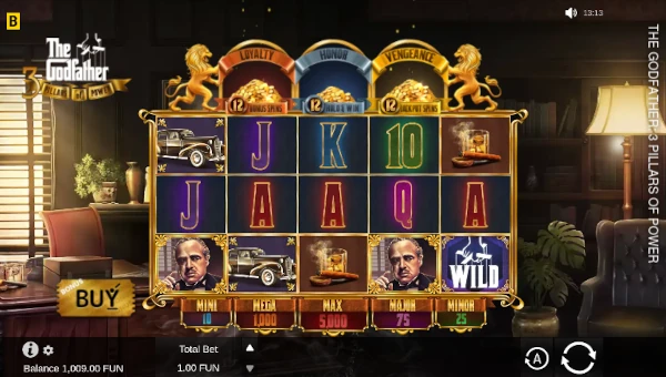 The Godfather 3 Pillars of Power base game screenshot showing reels and features