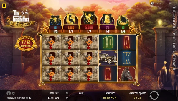 Screenshot of The Godfather 3 Pillars of Power slot demo showing reels and bonus game features