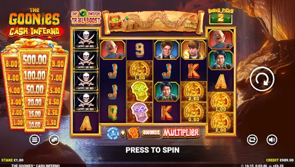 The Goonies Cash Inferno base game screenshot showing reels and features