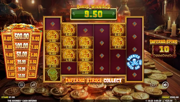 Screenshot of The Goonies Cash Inferno slot demo showing reels and bonus game features
