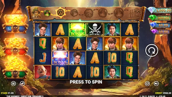 The Goonies Quest for Treasure 3 base game screenshot showing reels and features