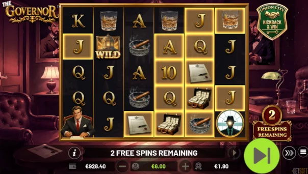 Screenshot of The Governor slot demo showing reels and bonus game features