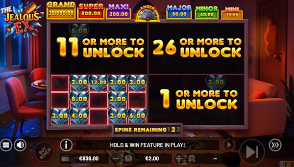 Screenshot of The Jealous Ex slot demo showing reels and bonus game features