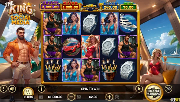 The King of Social Media base game screenshot showing reels and features