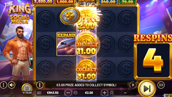 Screenshot of The King of Social Media slot demo showing reels and bonus game features
