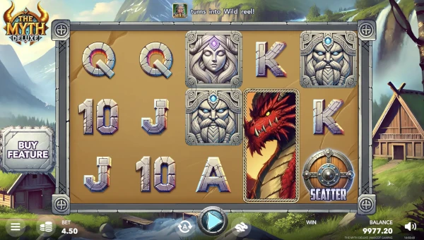 The Myth Deluxe base game screenshot showing reels and features