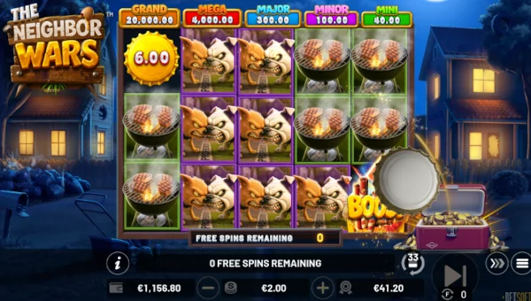 Screenshot of The Neighbor Wars slot demo showing reels and bonus game features