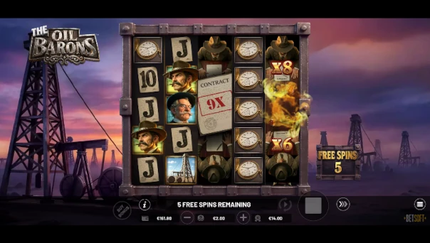 Screenshot of The Oil Barons slot demo showing reels and bonus game features
