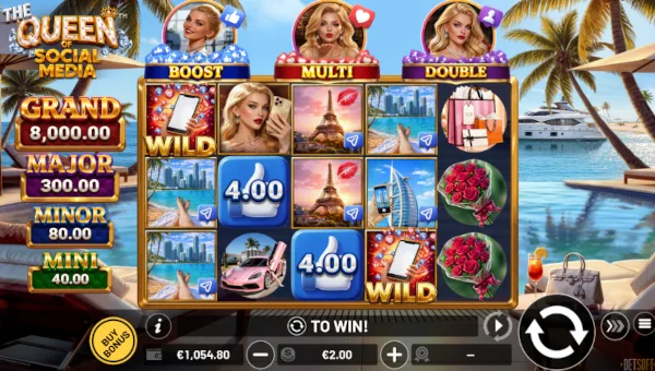 The Queen of Social Media base game screenshot showing reels and features