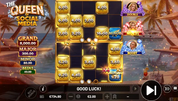 Screenshot of The Queen of Social Media slot demo showing reels and bonus game features
