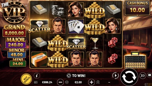The VIP base game screenshot showing reels and features