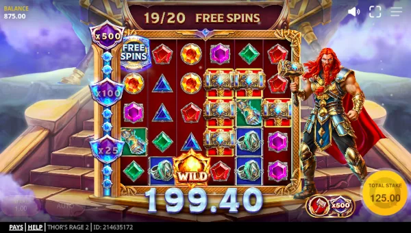 Screenshot of Thors Rage 2 slot demo showing reels and bonus game features