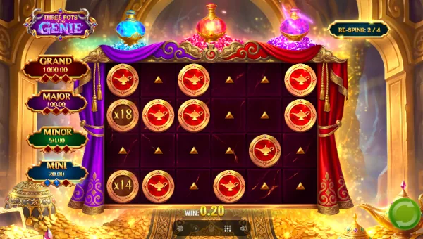 Screenshot of Three Pots of The Genie slot demo showing reels and bonus game features