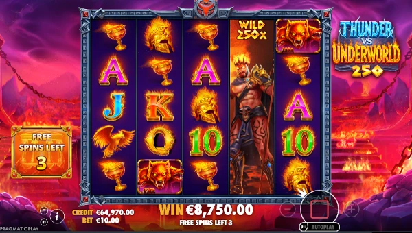 Screenshot of Thunder vs Underworld 250 slot demo showing reels and bonus game features