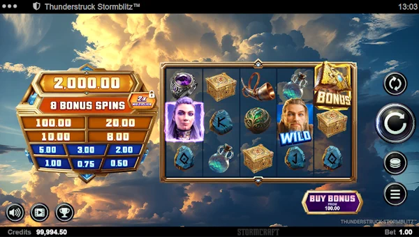 Thunderstruck Stormblitz base game screenshot showing reels and features