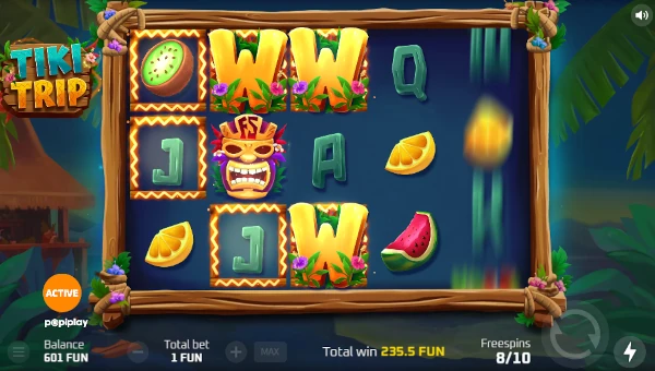 Screenshot of Tiki Trip slot demo showing reels and bonus game features