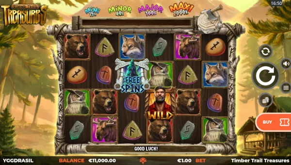 Timber Trail Treasures base game screenshot showing reels and features