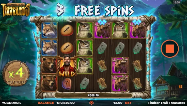 Screenshot of Timber Trail Treasures slot demo showing reels and bonus game features