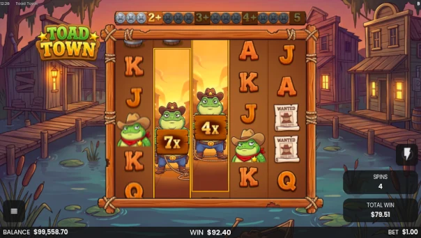 Screenshot of Toad Town slot demo showing reels and bonus game features