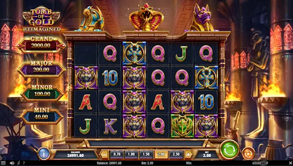 Tomb of Gold Reimagined base game screenshot showing reels and features