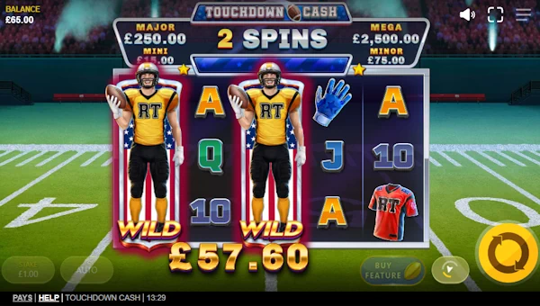 Screenshot of Touchdown Cash slot demo showing reels and bonus game features