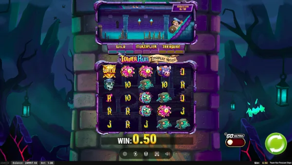 Tower Run Treasure Steps base game screenshot showing reels and features
