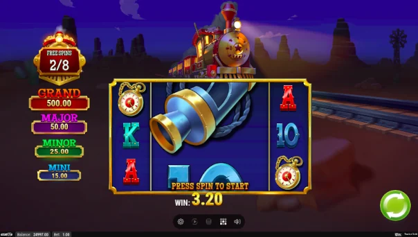Screenshot of Track N Gold slot demo showing reels and bonus game features