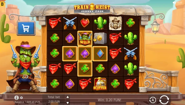 Train Heist Johnny Cash base game screenshot showing reels and features