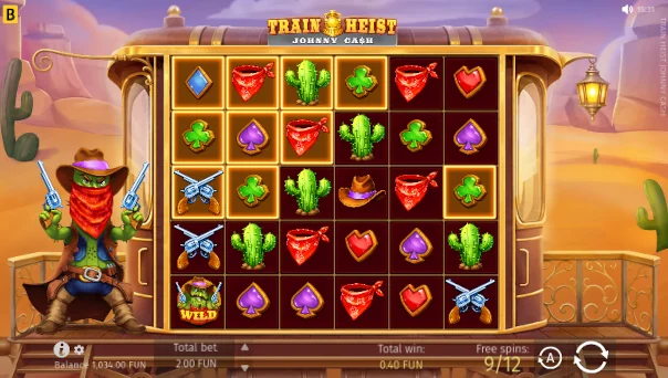 Screenshot of Train Heist Johnny Cash slot demo showing reels and bonus game features