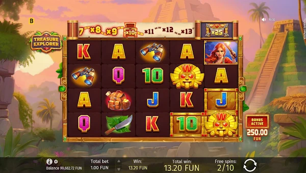 Screenshot of Treasure Explorer slot demo showing reels and bonus game features